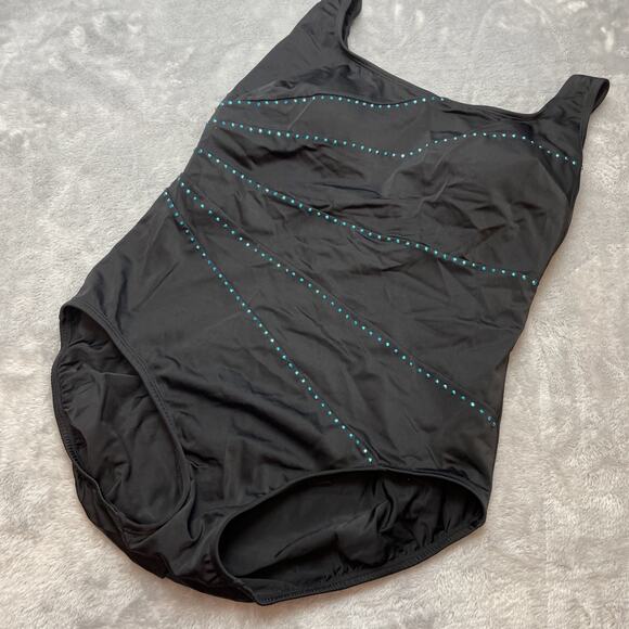 Longitude 1 Pc Swimsuit Womens 16 Black Turquoise Studded Slimming Built in Bra - Picture 1 of 8